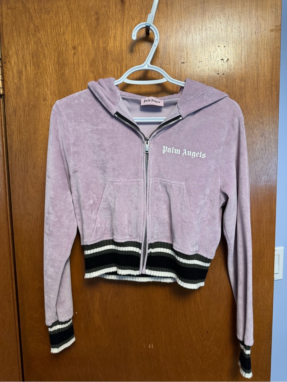 Palm Angels Lavender Velour Cropped Zip Hoodie with Striped Hem